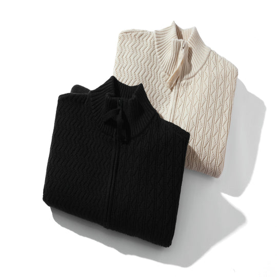 Unisex strukturierte Strick‑Zipjacke mit hohem Rippkragen und Kängurutaschen Shop Nory