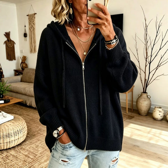Damen Grobgestrickter Zip‑Hoodie‑Cardigan mit Oversize‑Passform und gerippten Bündchen Shop Nory
