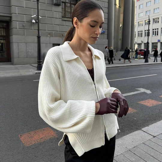 Damen Gerippte Strickjacke mit Reißverschluss, Hemdkragen & Ballonärmeln Shop Nory