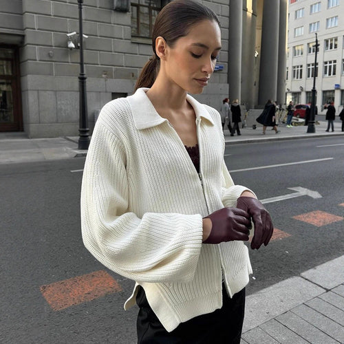 Damen Gerippte Strickjacke mit Reißverschluss, Hemdkragen & Ballonärmeln Shop Nory