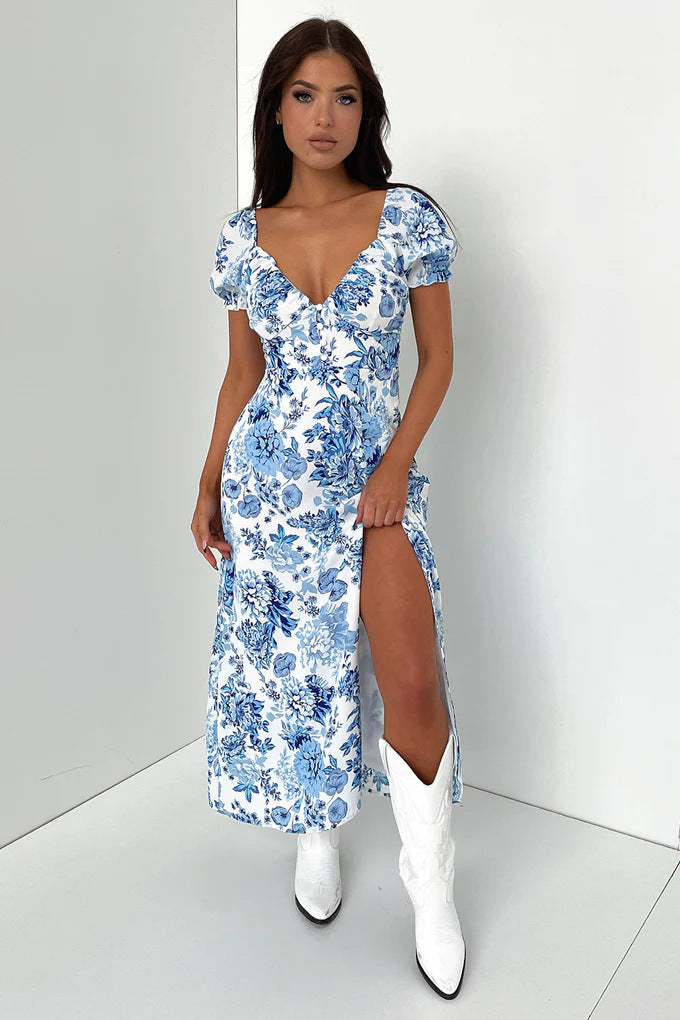Damen Sommerliches Maxi-Kleid mit floralem Muster und elegantem Schlitz Shopnory
