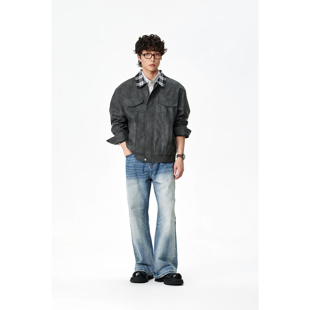 Herren Boxy Kunstleder‑Blouson mit kariertem Umlegekragen und Pattentaschen Shop Nory
