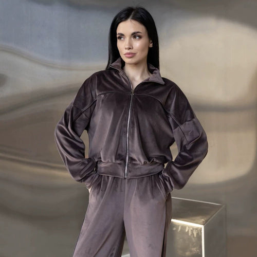 Damen ausgestelltes Velours-Jogginganzug-Set mit kurzer Reißverschlussjacke und hochtaillierter Kordelhose Shop Nory