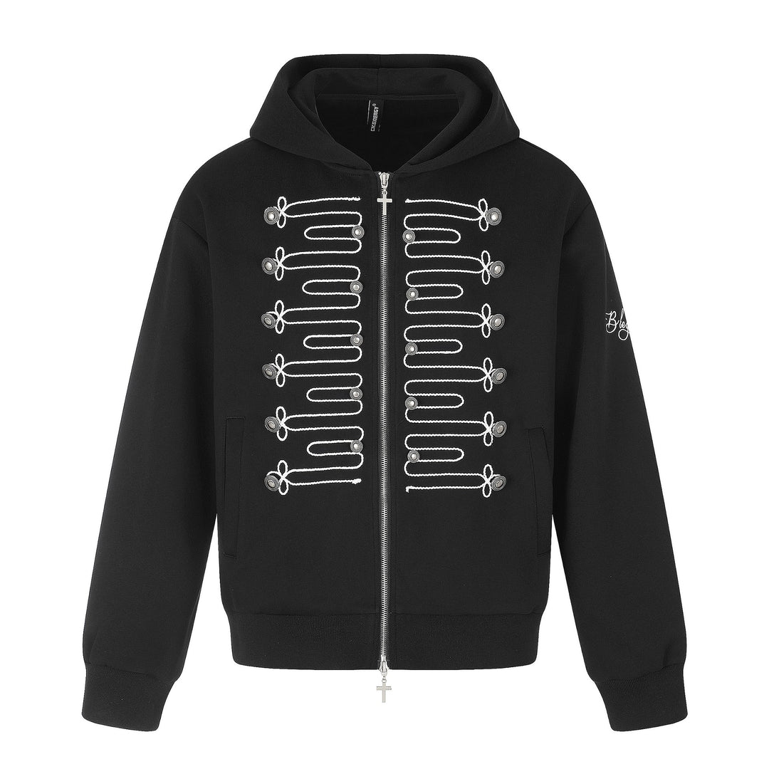 Unisex Kapuzen-Zipjacke im Military‑Stil mit dekorativer Kordelapplikation und Kreuzzipper Shop Nory