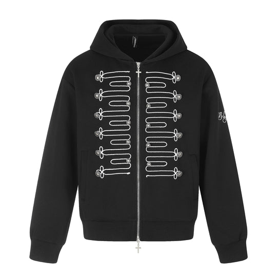 Unisex Kapuzen-Zipjacke im Military‑Stil mit dekorativer Kordelapplikation und Kreuzzipper Shop Nory