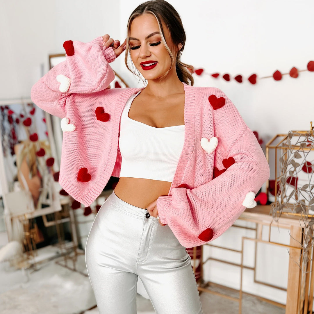 Damen Kurzer Oversize-Cardigan mit 3D-Herzapplikationen und weiten Ballonärmeln Shop Nory