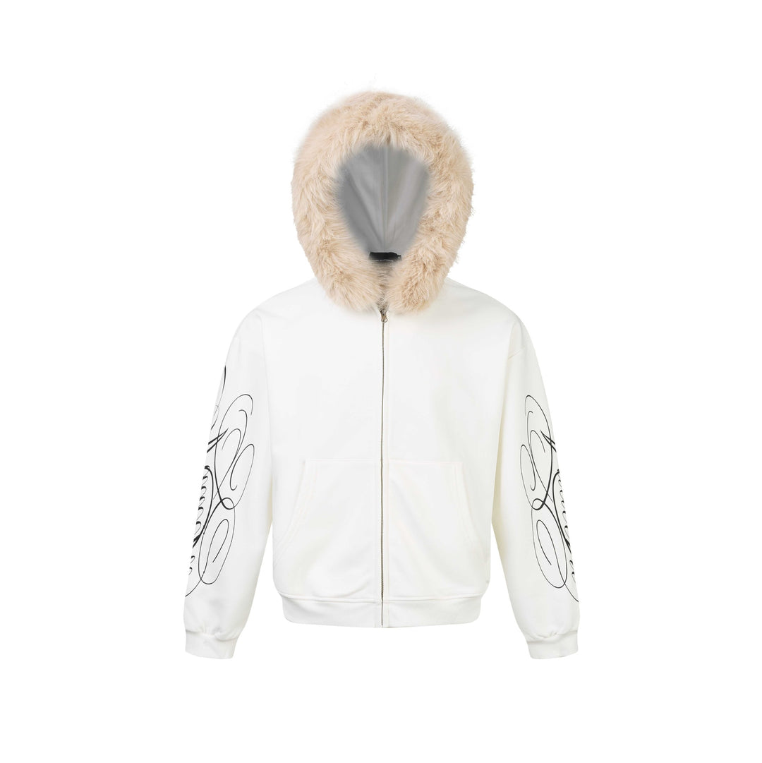 Unisex Oversize Kapuzenjacke aus Baumwollmix mit abnehmbarem Kunstfellbesatz und grafischen Ärmeldrucken Shop Nory