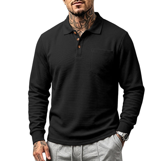 Herren Waffelstrukturiertes Langarm-Poloshirt mit Brusttasche und Holzknopfleiste Shop Nory