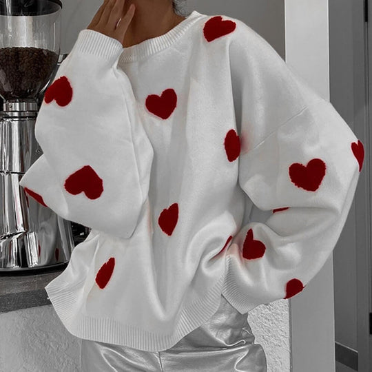 Damen Oversize-Feinstrickpullover mit Allover-Herzintarsien und überschnittenen Schultern Shop Nory