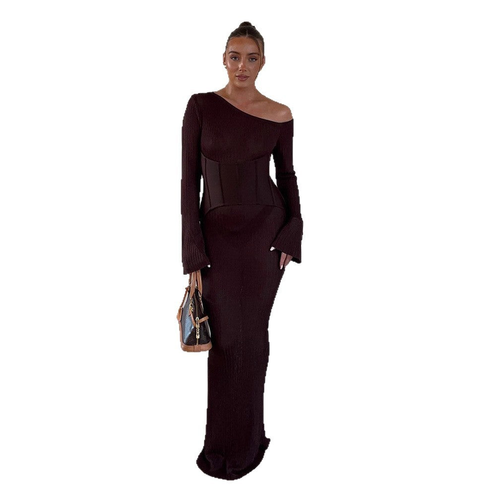 Damen One-Shoulder Maxikleid mit formendem Korsettbund und Rippstrick Shop Nory