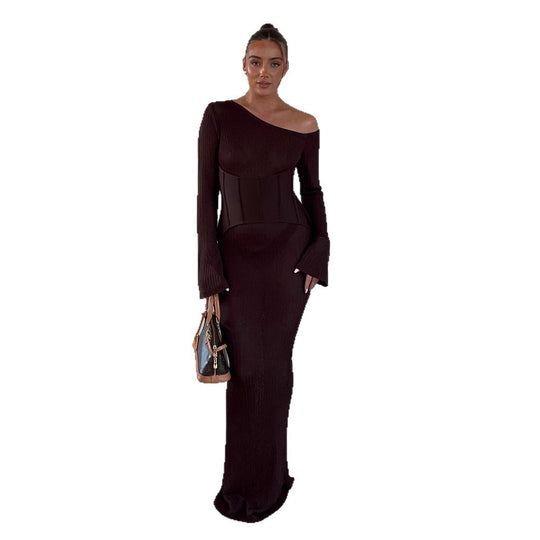 Damen One-Shoulder Maxikleid mit formendem Korsettbund und Rippstrick Shop Nory