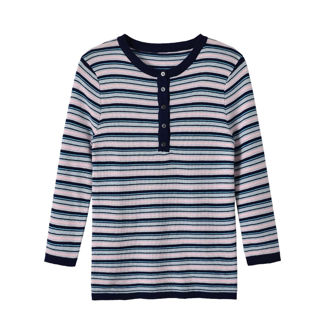Damen Feinstrick-Henleyshirt mit feiner Streifenstruktur und Knopfblende Shop Nory