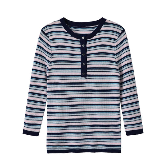 Damen Feinstrick-Henleyshirt mit feiner Streifenstruktur und Knopfblende Shop Nory