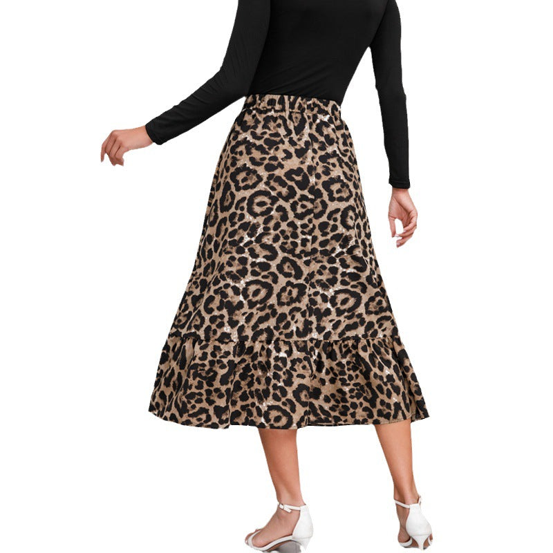 Damen Midirock mit elastischem Bund, Leopardenmuster und Volantbesatz Shop Nory