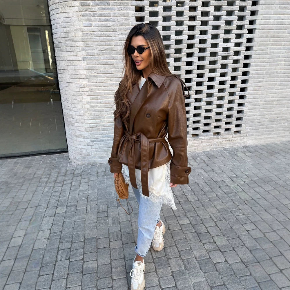 Damen Kurz geschnittener Oversize Lederimitat-Trench mit Taillengürtel und Epauletten Shop Nory