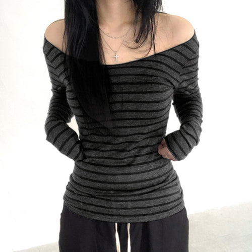 Damen nan schulterfreies gestreiftes Langarmshirt mit weitem U-Boot-Ausschnitt und figurbetonter Taillierung Shop Nory