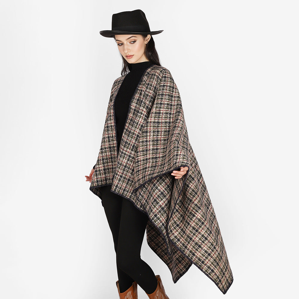 Damen Bouclé-Tweed Cape-Poncho mit V-Ausschnitt und kontrastierter Einfassung Shop Nory