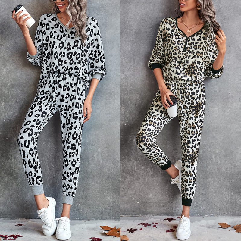 Damen Leo-Print Jogginganzug mit breitem Taillenbund und modischen Bündchen