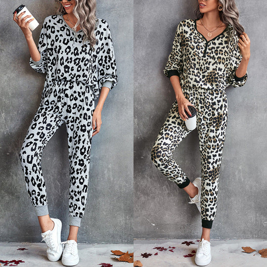 Damen Leo-Print Jogginganzug mit breitem Taillenbund und modischen Bündchen