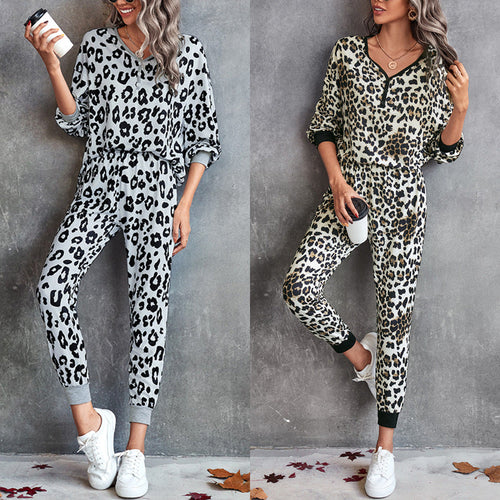Damen Leo-Print Jogginganzug mit breitem Taillenbund und modischen Bündchen