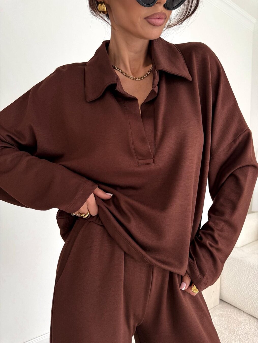Damen Loungewear-Zweiteiler mit Hemdkragen-Cropped-Sweatshirt und weiter Palazzo-Hose Shop Nory