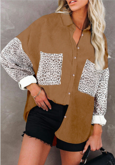 Damen Oversize-Cordhemd mit durchgehender Knopfleiste, Leo-Kontrastärmeln und aufgesetzten Taschen Shop Nory
