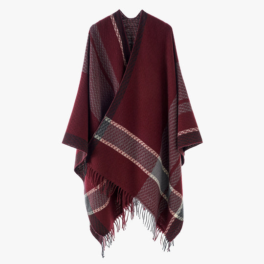 Damen Oversize Capeponcho aus Wollmix mit Karomuster und Fransensaum Shop Nory
