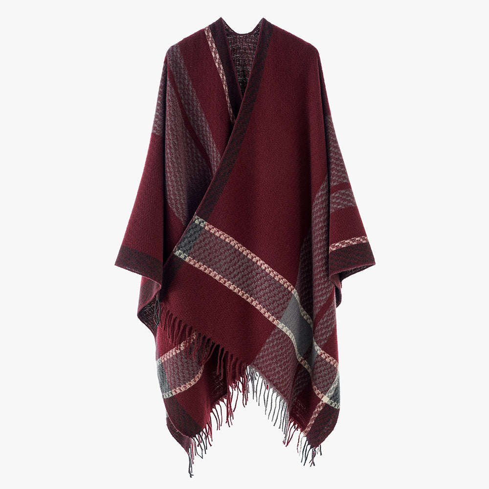 Damen Capeponcho mit Fransen und kariertem Jacquard-Design Shop Nory