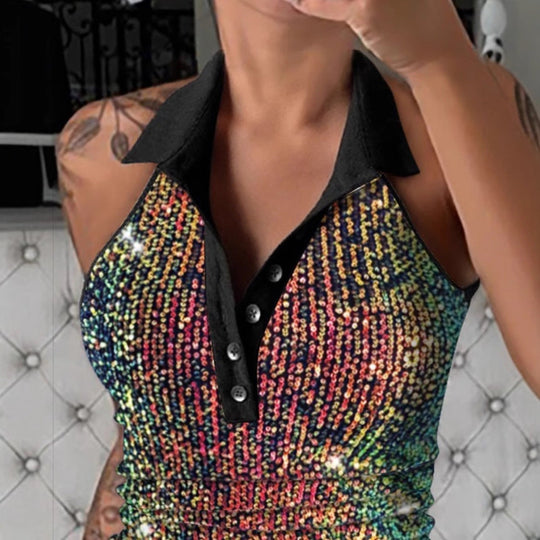 Damen Glitzerndes Poloshirt mit Leopardenmuster
