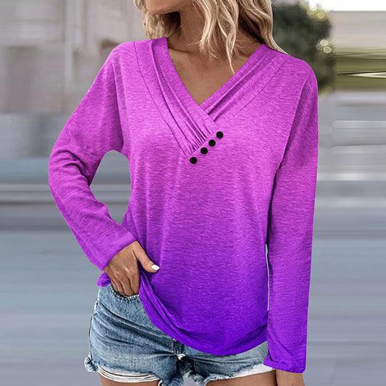 Damen Langärmeliges Ombré-Viskoseshirt mit V-Ausschnitt, Faltenlegung und Zierknöpfen Shop Nory