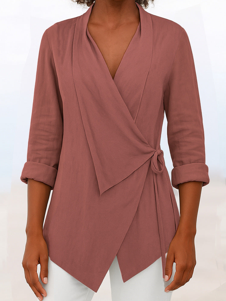 Damen Asymmetrische Wickelbluse mit Schalkragen und 3/4-Ärmeln Shop Nory