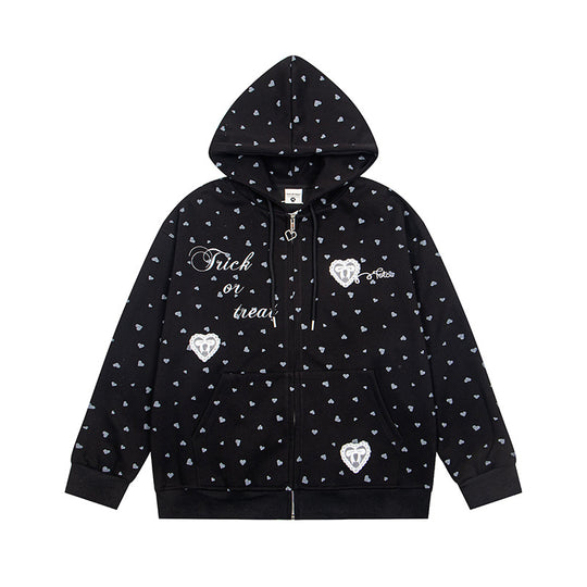 Damen Kapuzen-Sweatjacke mit durchgehendem Reißverschluss, Allover-Herzprint und Statement-Stickerei Shop Nory