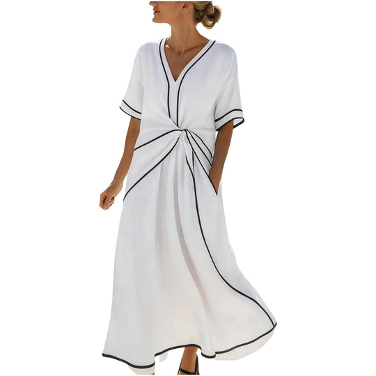 Damen Langes A-Linienkleid mit V‑Ausschnitt, Knoten-Detail und Kontrastpaspel Shop Nory