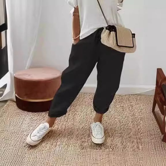 Damen Leinen-Joggerhose mit Kordelzug, lockerer Tapered-Schnitt und gekrempelten Säumen Shop Nory
