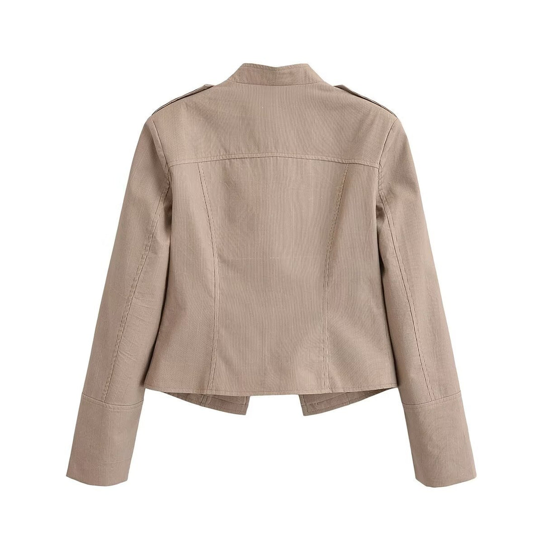 Damen Kurzgeschnittene taillierte Militärjacke mit Stehkragen und Zierknöpfen Shop Nory