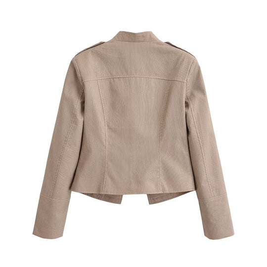 Damen Kurzgeschnittene taillierte Militärjacke mit Stehkragen und Zierknöpfen Shop Nory