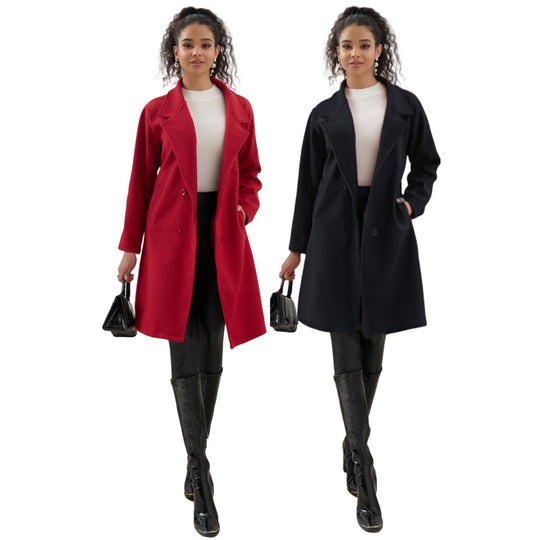 Damen Eleganter knielanger Zweireihiger Wollblend-Mantel mit Reverskragen Shop Nory