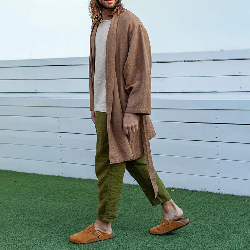 Herren Langer Leinen-Kimono-Mantel im Relaxed Fit mit Bindegürtel Shop Nory