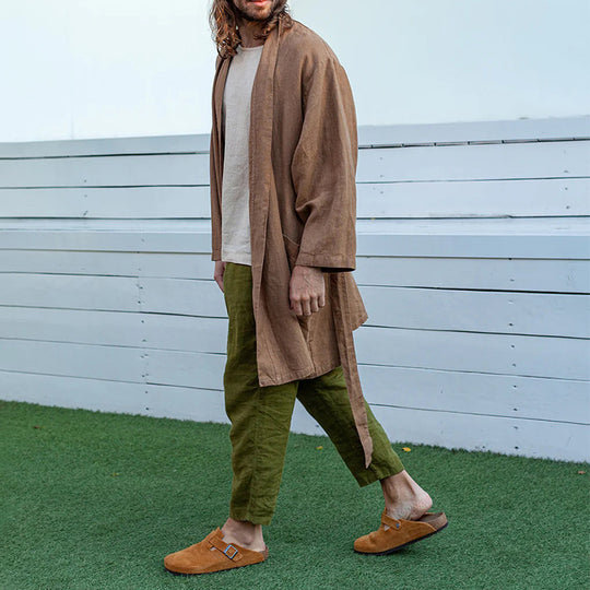 Herren Langer Leinen-Kimono-Mantel im Relaxed Fit mit Bindegürtel Shop Nory