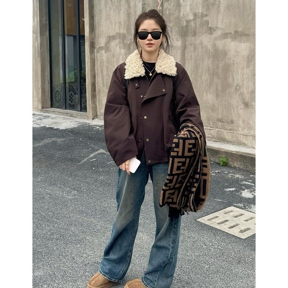 Damen Kurze Oversize-Boxy-Jacke mit Teddykragen und Druckknopfverschluss Shop Nory