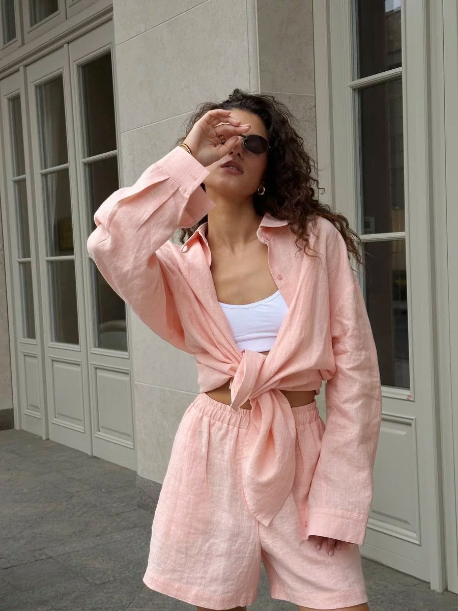 Damen lässige Leinenbluse und Shorts Set