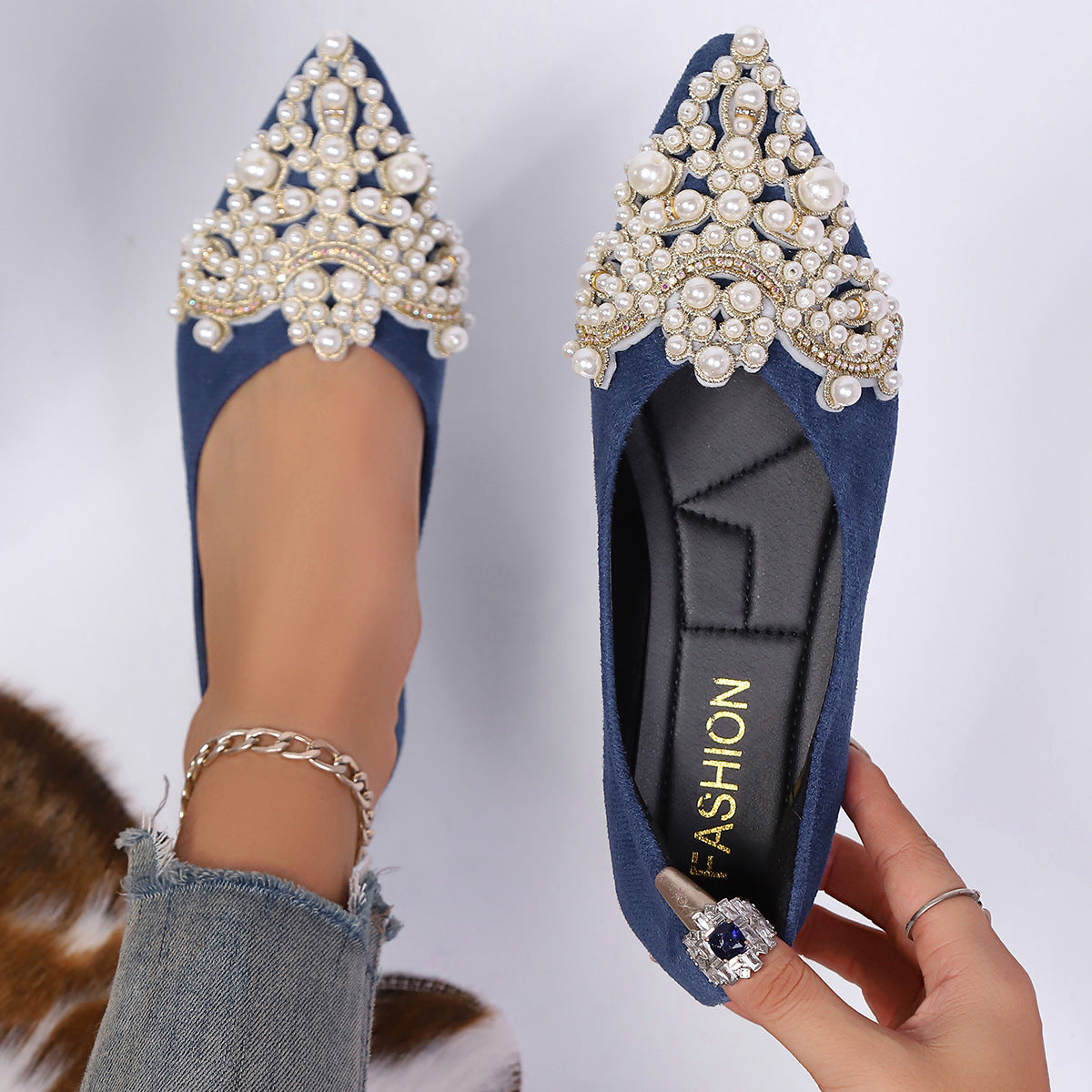 Damen elegante Ballerinas mit kunstvoller Perlenapplikation