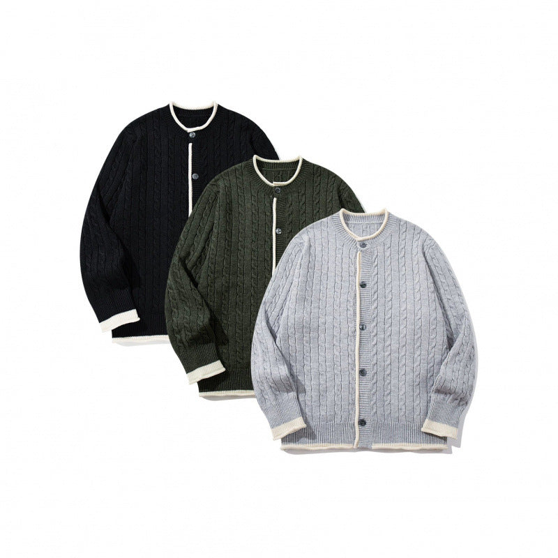 Unisex Feinstrick-Cardigan mit Zopfmuster, Rundhalsausschnitt und Kontrastblende Shop Nory