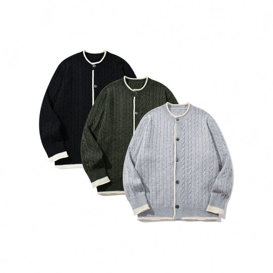 Unisex Feinstrick-Cardigan mit Zopfmuster, Rundhalsausschnitt und Kontrastblende Shop Nory
