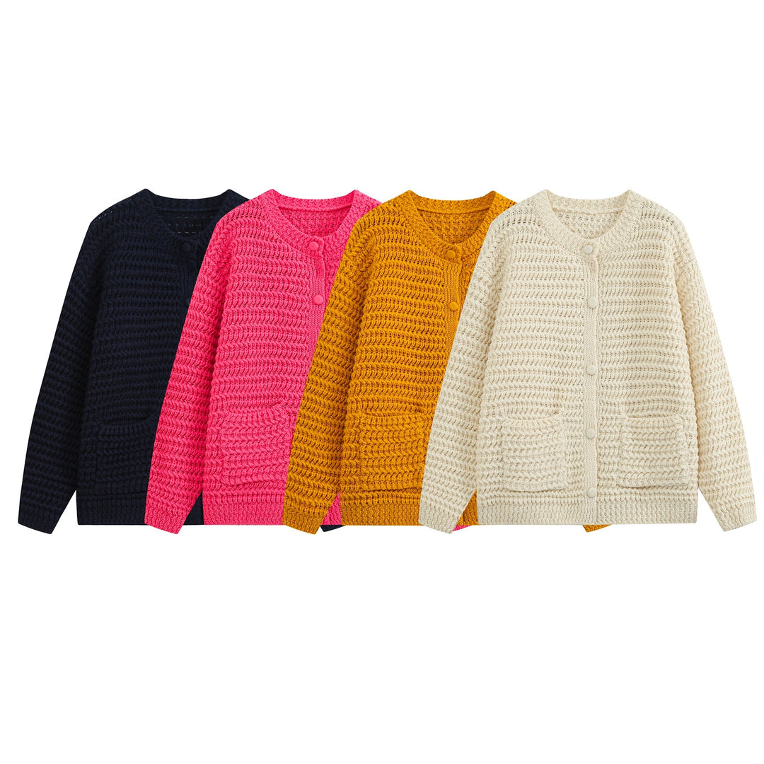 Damen Grobstrukturierter Häkel-Cardigan mit stoffbezogenen Knöpfen und aufgesetzten Taschen Shop Nory