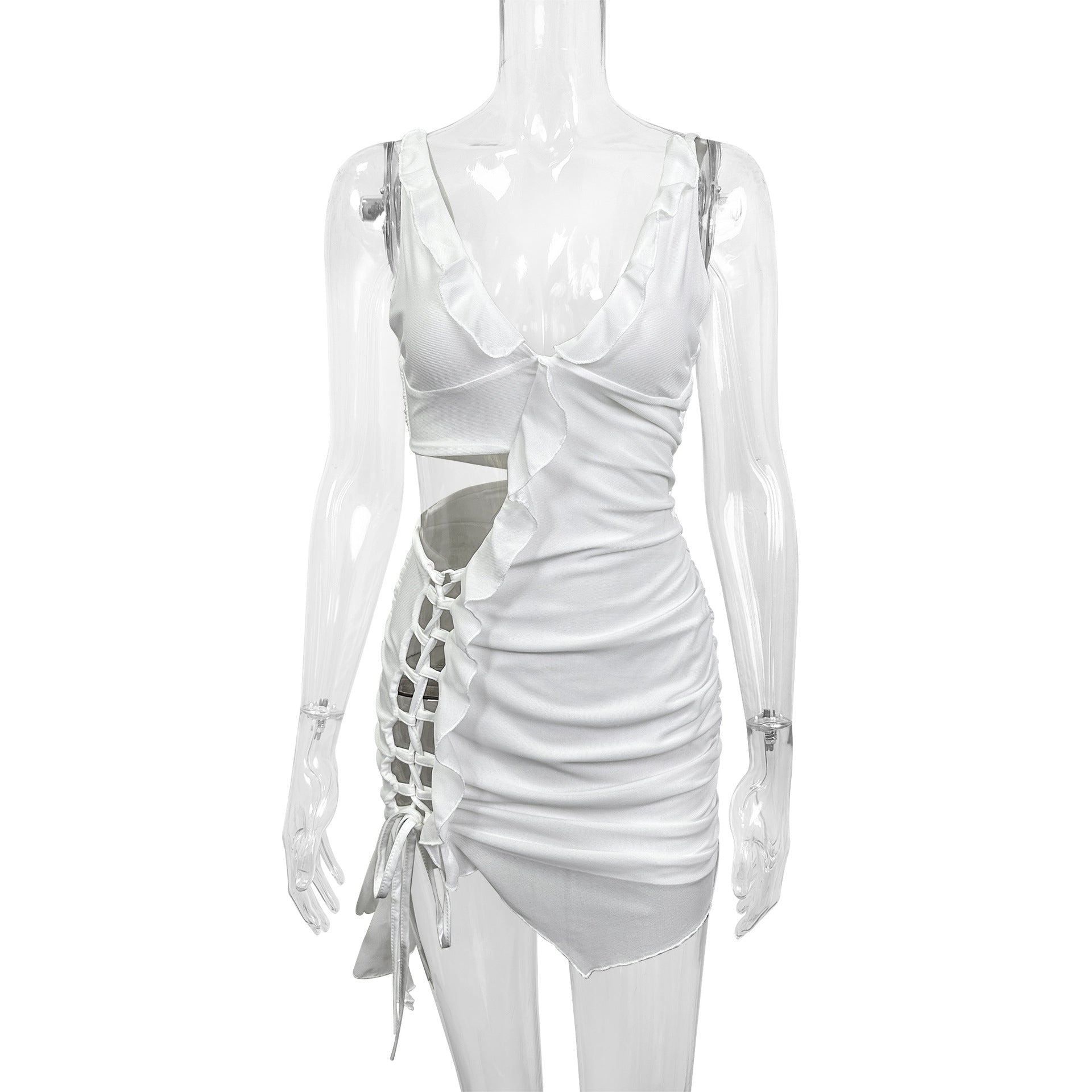 Damen Raffiniertes Minikleid mit asymmetrischen Rüschenelementen und Cut-Out Detail