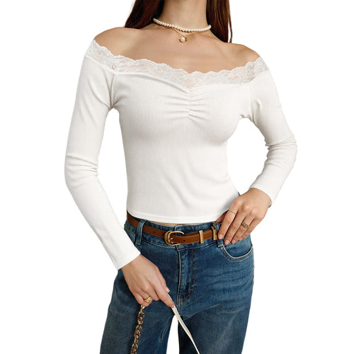 Damen geripptes Off-Shoulder Langarmshirt mit Spitzenbesatz, Raffung und taillierter Silhouette Shop Nory