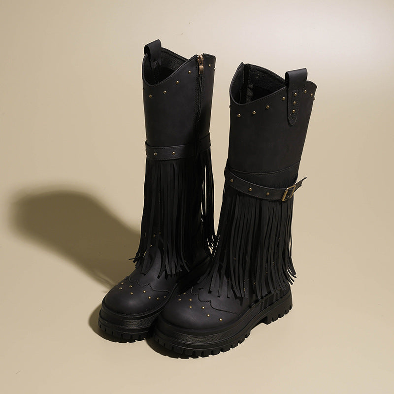 Damen Overknee-Stiefel mit modischem Fransen-Design und robustem Profil