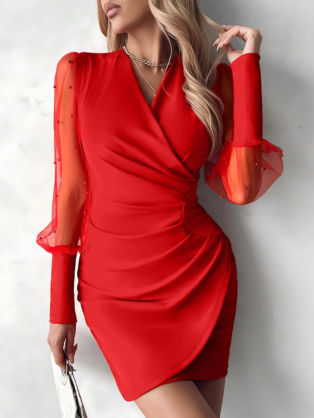 Damen Wickel-Etuikleid mit Perlenbesetzten Chiffon-Ärmeln Shop Nory