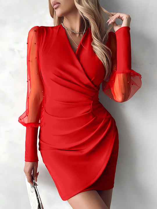 Damen Wickel-Etuikleid mit Perlenbesetzten Chiffon-Ärmeln Shop Nory
